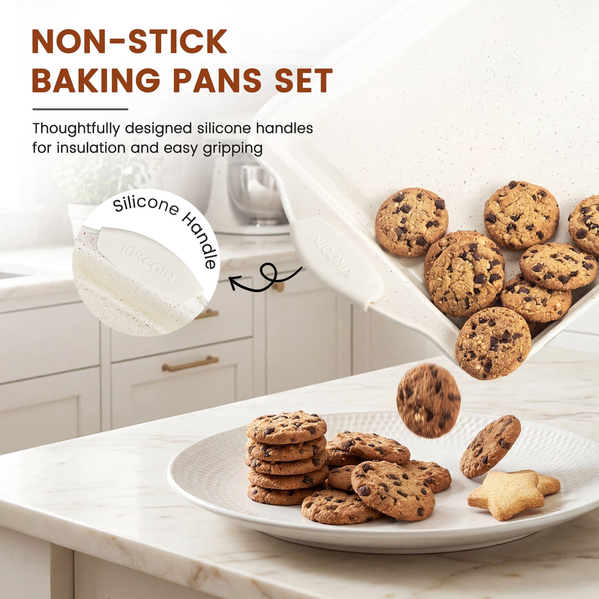 Kikcoin Bakeware Set, 21-Piece Baking Pans Set Kitchen Carbon Steel Baking Sheet Pans with Silicone Handles, Cookie Sheets Nonstick(Beige)