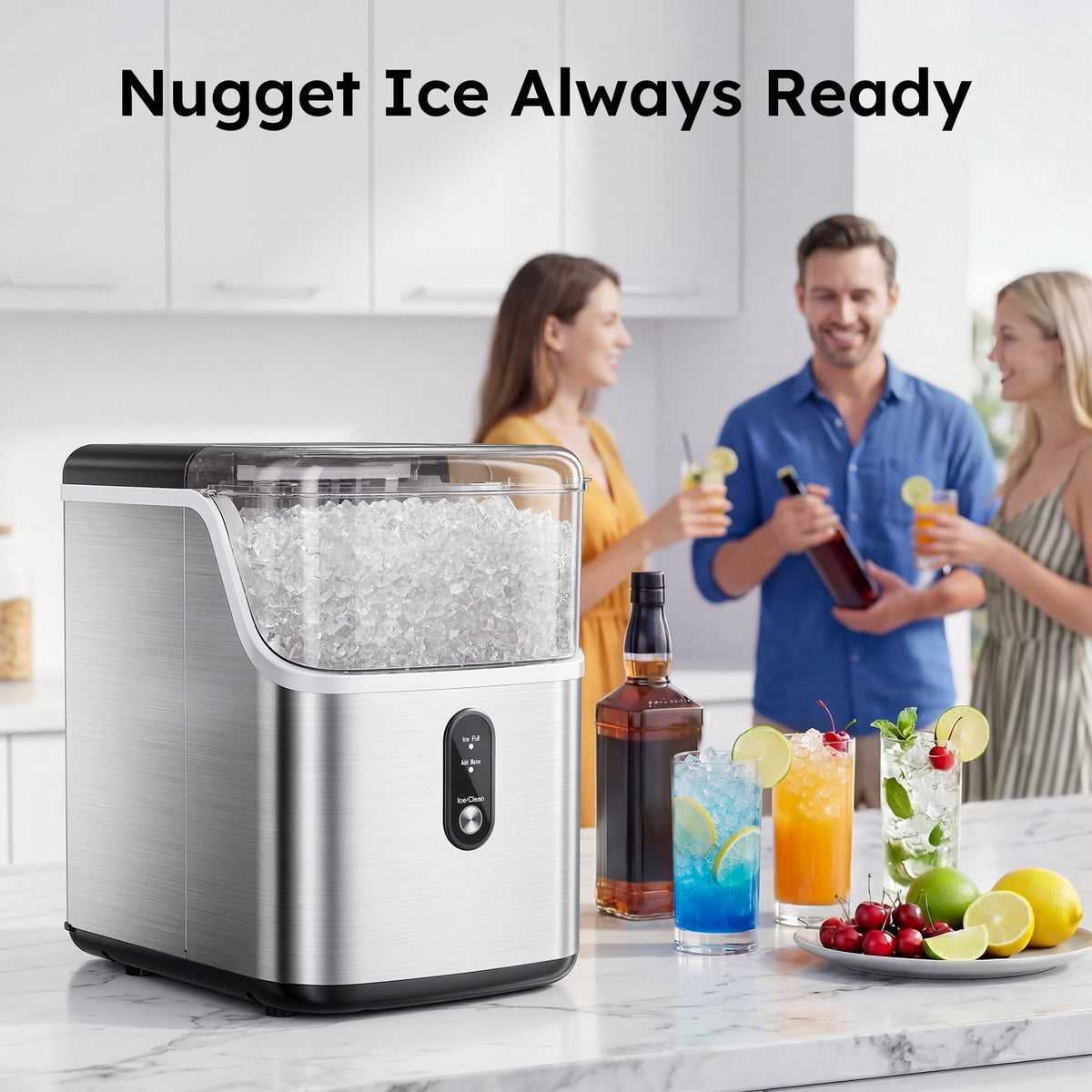 Simzlife Countertop Nugget Ice Maker, 35 Lbs/24H Portable Sonic Ice, Self-Cleaning Ice Machine, Chewable Pellet Ice, Stainless Steel