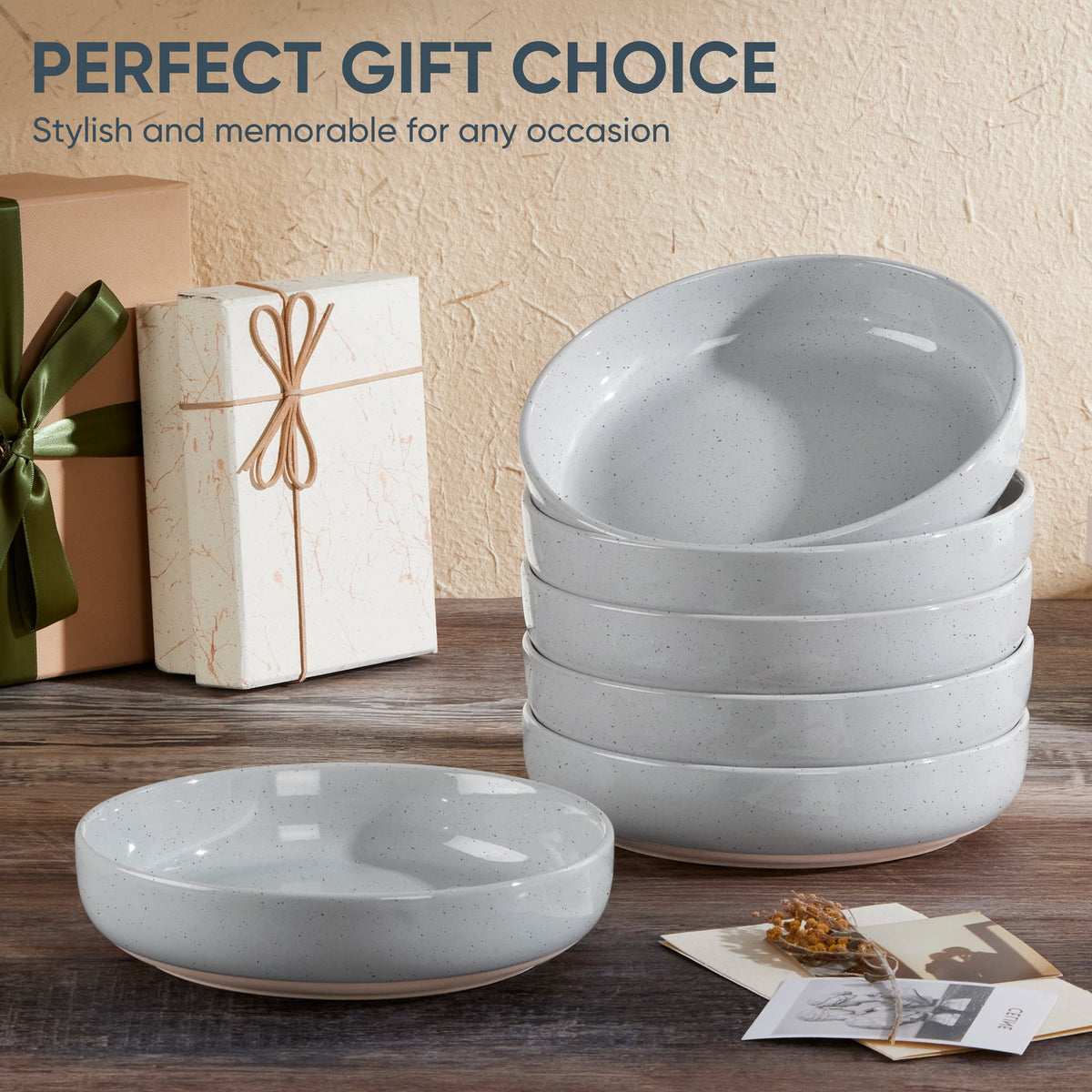 Vesteel Pasta Bowls Set of 6, 32oz Large Salad Bowl for Home Kitchen, Ceramic Serving Plates for Soup, Cereal, Fruits, Microwave & Dishwasher Safe, Speckled White
