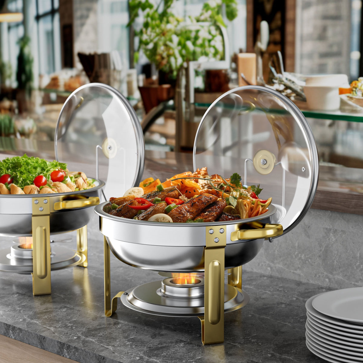 Chafing Dish Buffet Set 2 Pack: TINANA 5QT Stainless Steel Chafing Dishes for Buffet with Glass Lid & Lid Holder, Round Chafers and Buffet Warmers Sets for Parties, Events, Wedding, Camping, Dinner