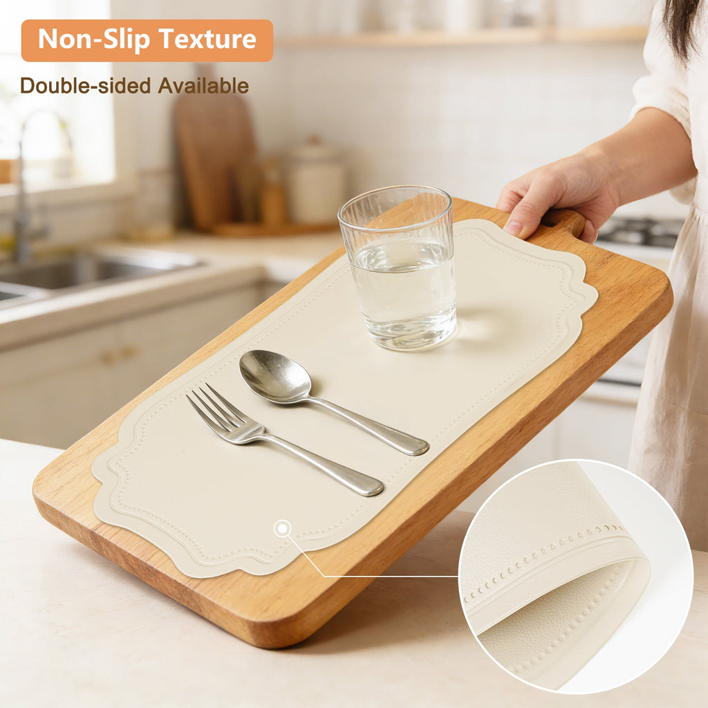 VCVCOO Placemats Set of 4 Beige Leather Place Mats Waterproof Wipeable Heat Resistant Sturdy Rectangle Kitchen Dining Table Mats for Indoor Outdoor Reversible Easy to Clean Place Mats