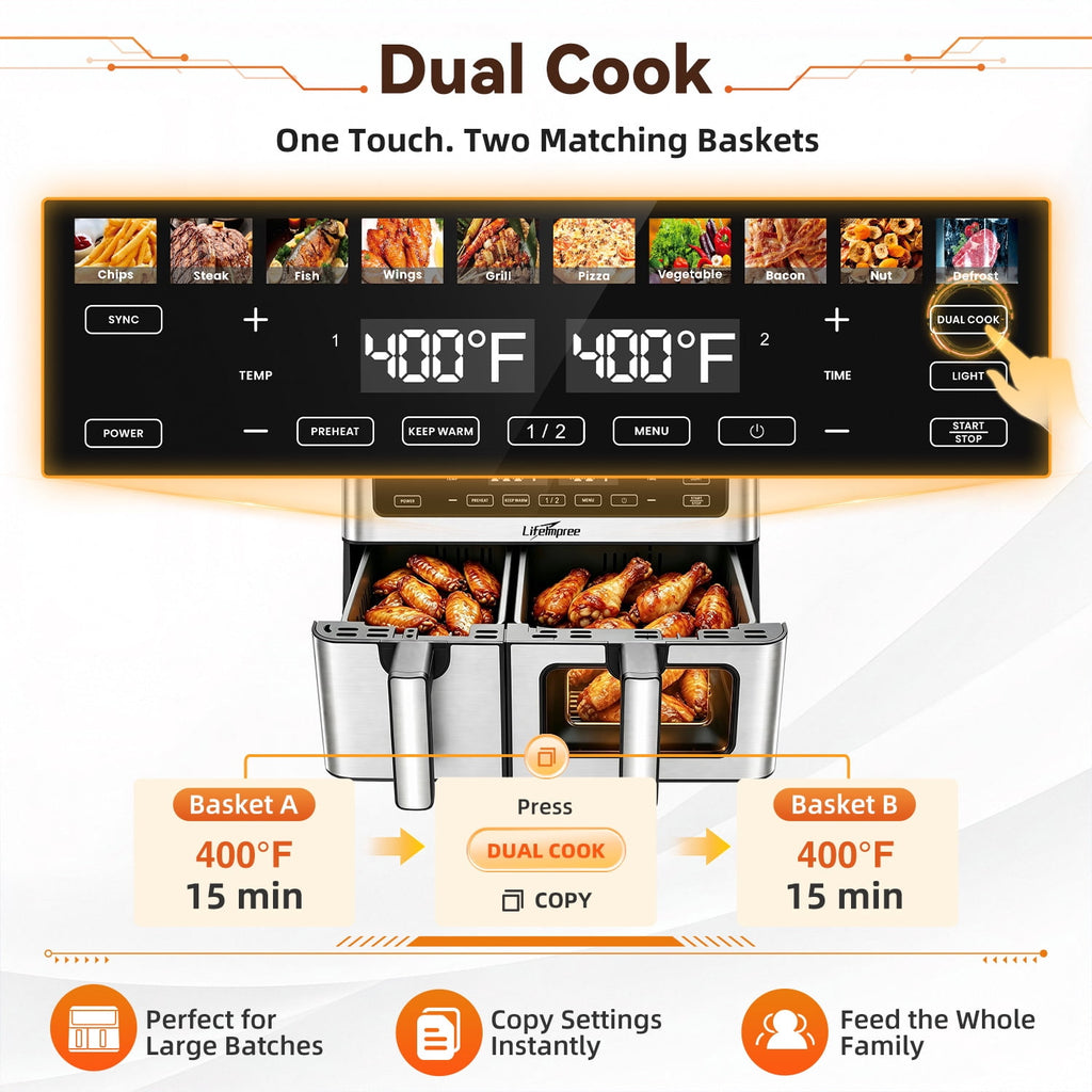 LifeImpree 11 QT Dual Basket Air Fryer with Viewing Window, 1800W Digital Air Fryer, Sync Finish & Dual Cook, 12 One-Touch Presets, 100°F–400°F