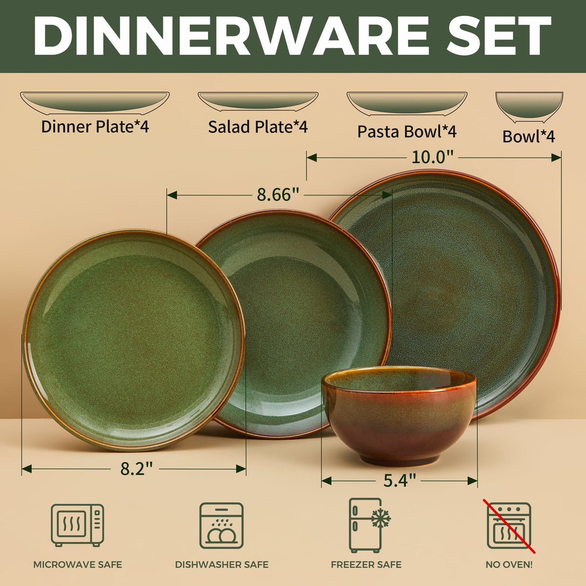Pokini 12-Piece Stoneware Dinnerware Sets, Plates and Bowls Dish Sets for 4, Brown Green