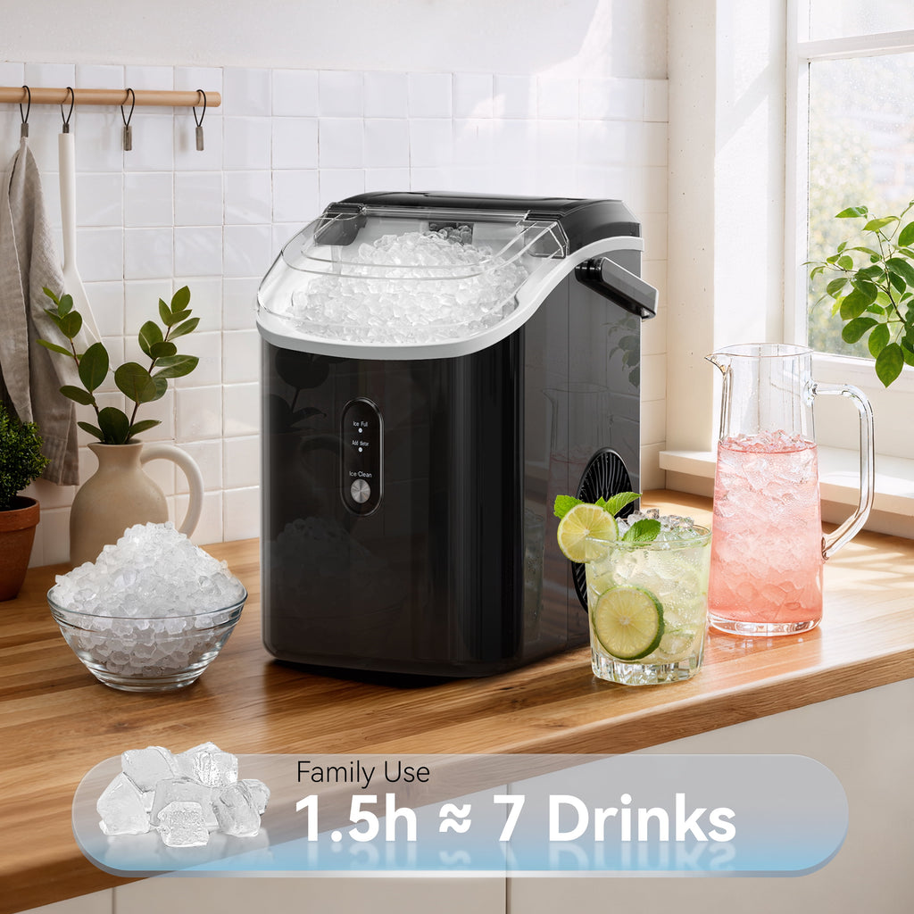 Goosiay 33lb Nugget Ice Maker Countertop, Portable Pebble Ice Machine with Handle, Soft Chewable Pellet, Stainless Steel Black