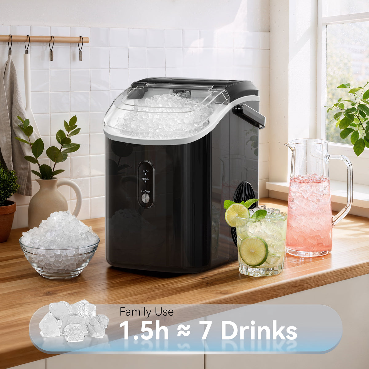 Goosiay 33lb Nugget Ice Maker Countertop, Portable Pebble Ice Machine with Handle, Soft Chewable Pellet, Stainless Steel Black