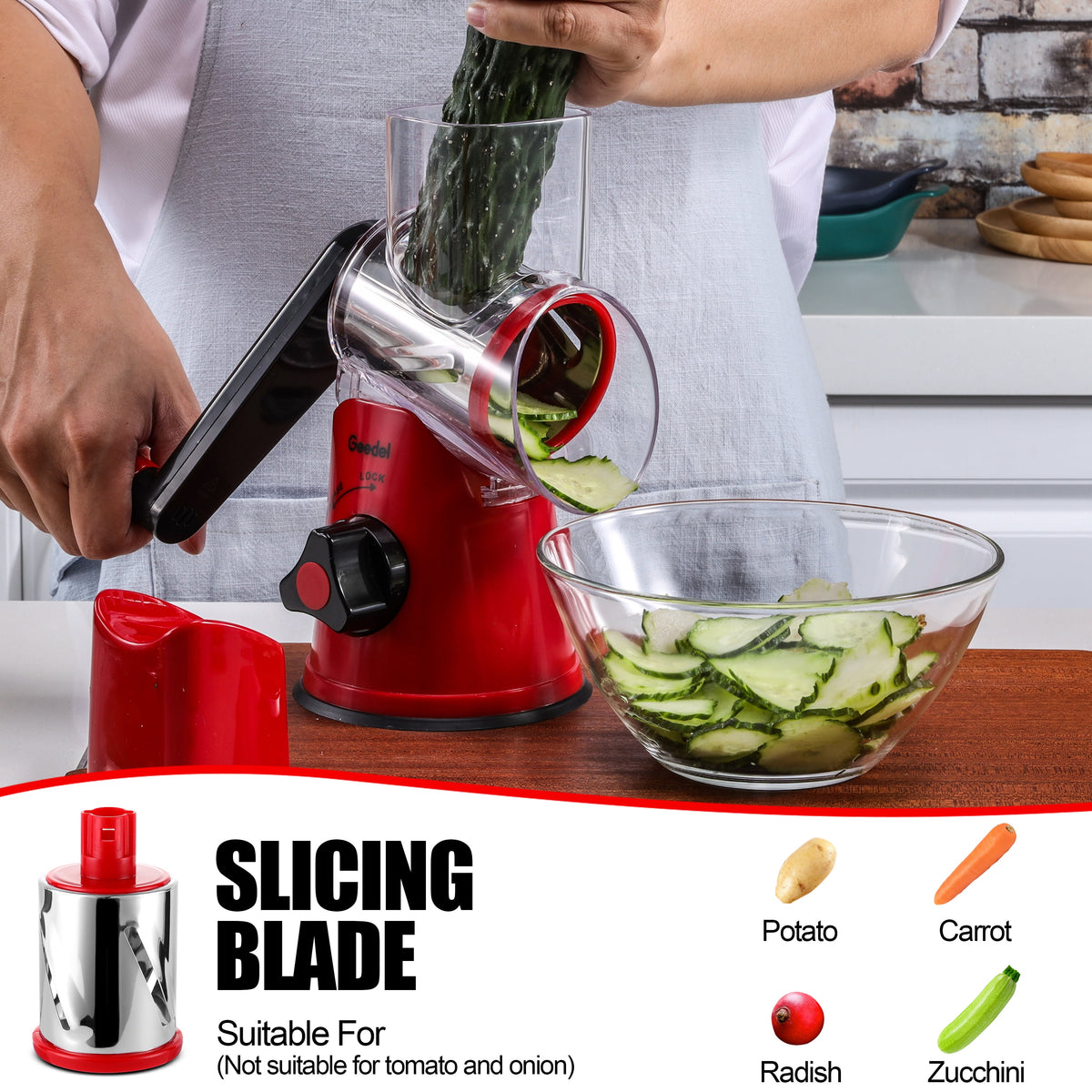 Geedel Rotary Cheese Grater, Kitchen Grater with Strong Suction Base, Dishwasher Safe, Easy to Clean Grater for Cheese,Vegetable, Nuts (3 Blades)