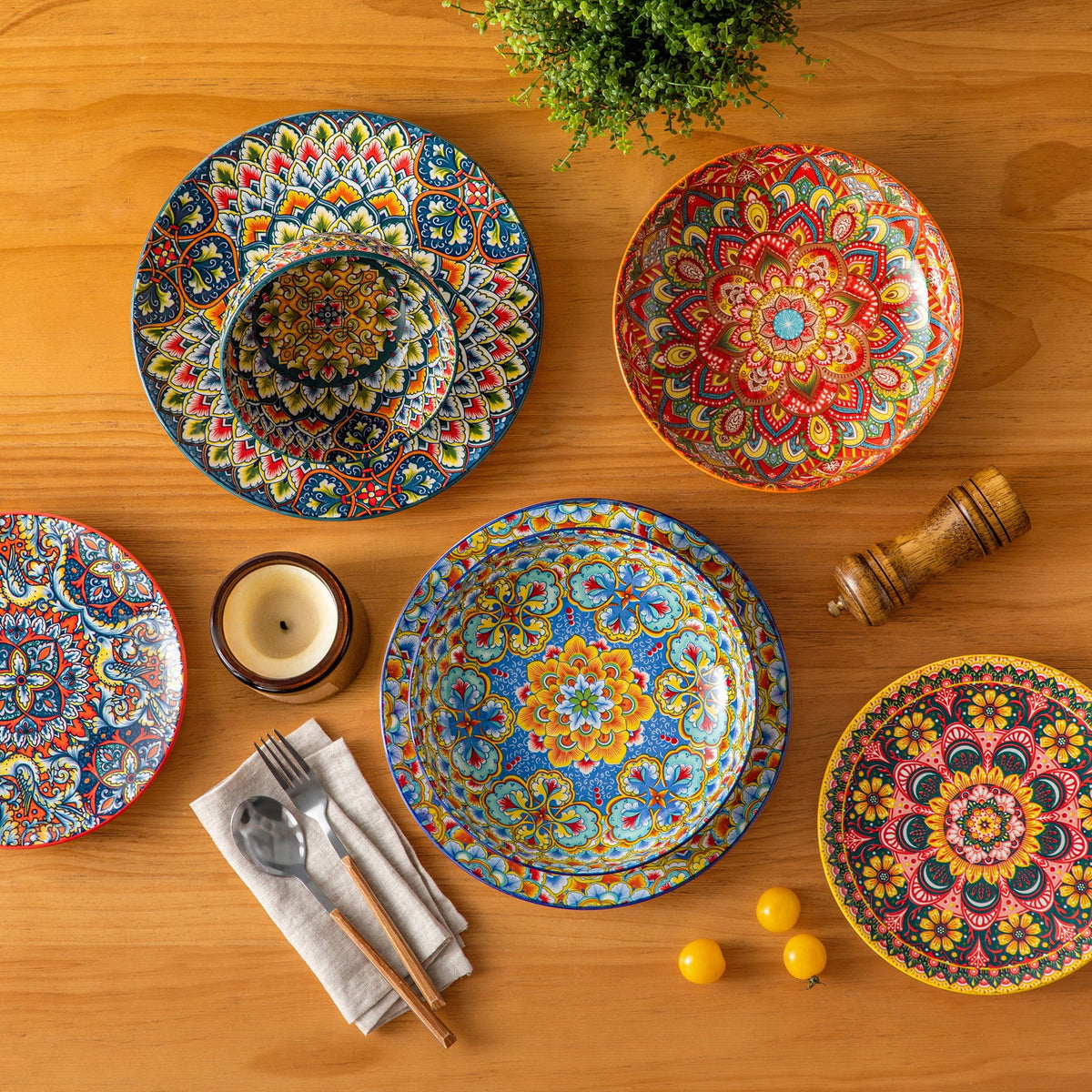 vancasso 32oz Pasta Bowls, Ceramic Salad Bowls Set of 6, Dishwasher and Microwave Safe, Bohemian Style