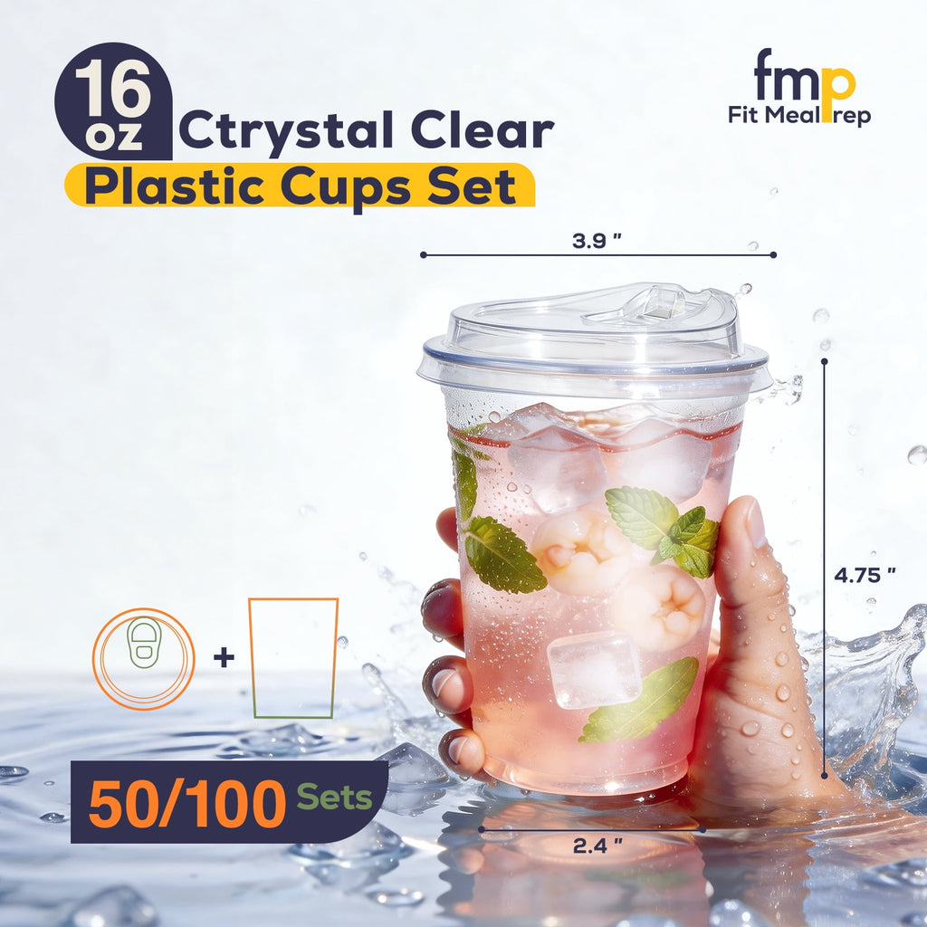 Fit Meal Prep 16 oz Clear Plastic Cups with Strawless Sip Lids, Disposable Cups for Iced Coffee, Smoothies, Cold Drinks and Parties, 50 pack