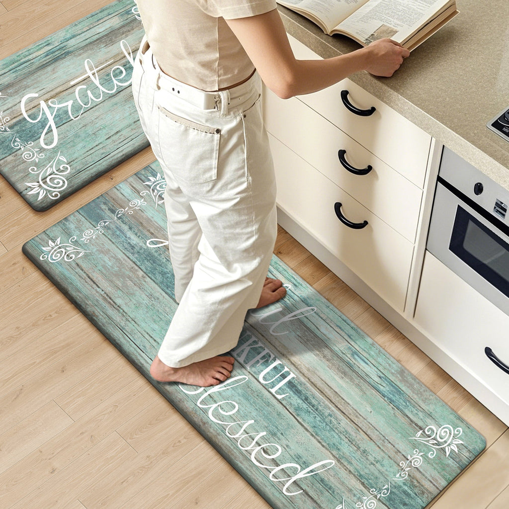 MeyJey Farmhouse Kitchen Rug Set of 2, Non-Slip Anti-Fatigue Waterproof Cushioned Mat for Kitchen, Dining & Laundry Room, 18"x30"+18"x48" Teal/Brown