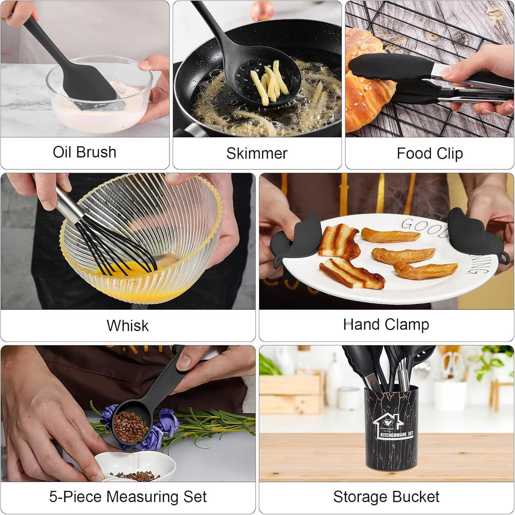 18PCS Silicone Cooking Utensils Set - 446°F Heat Resistant Kitchen Utensils,Turner Tongs,Spatula,Spoon,Brush,Whisk,Kitchen Utensil Gadgets Tools Set for Nonstick Cookware,Dishwasher Safe - Black