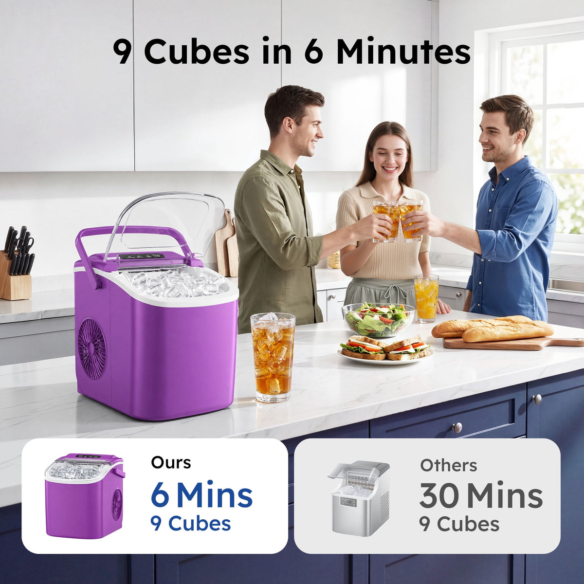 Simzlife Countertop Ice Maker, 26 Lbs/24H, 9 Bullet-Shaped Ice Cubes in 6 Minutes, Auto-Cleaning Ice Machine, Black