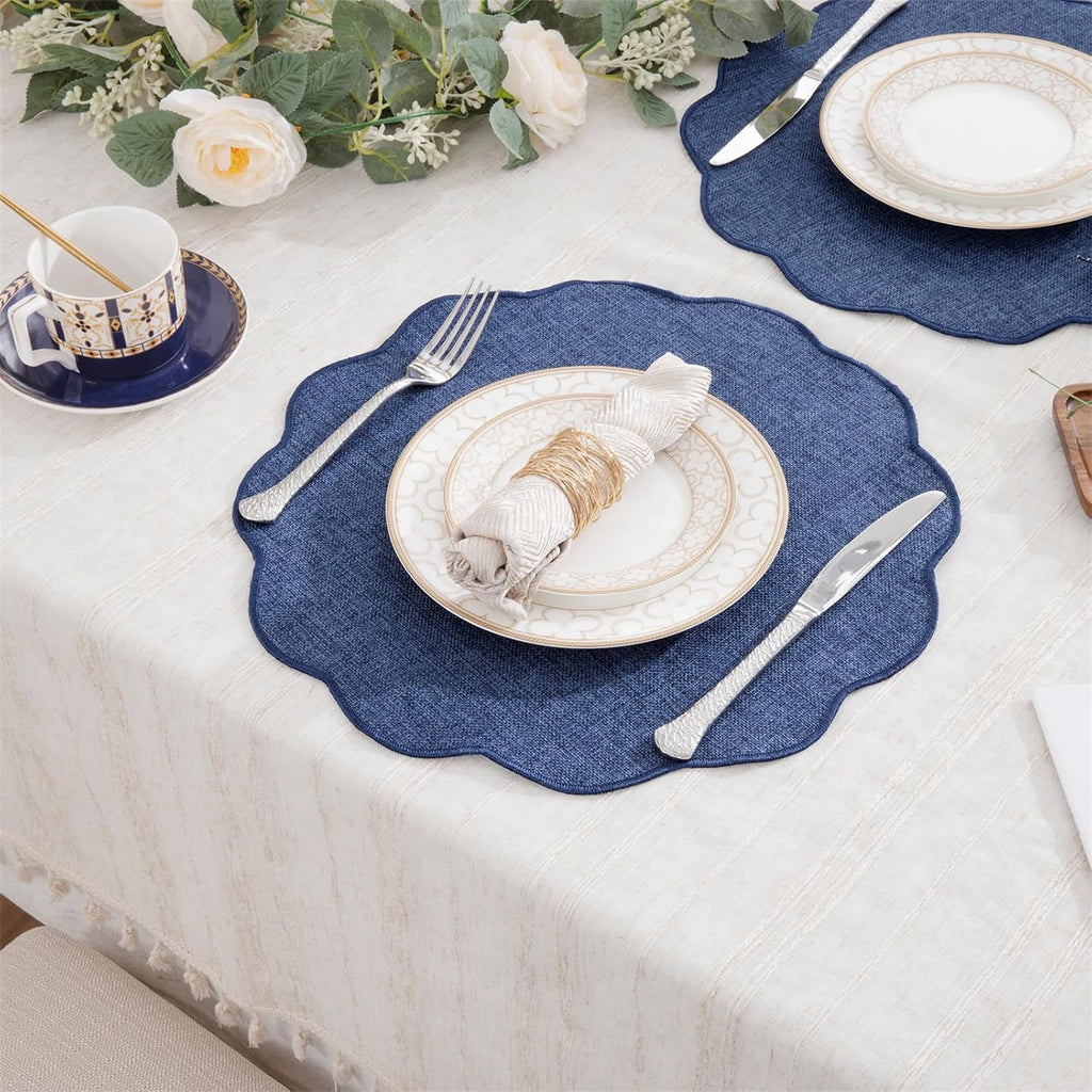 Ileading Scalloped Round Placemats Set of 6 Polyester Linen Blend Washable Non Slip Place Mats Easy Clean Heat Resistant Table Mats for Kitchen Dining Table Decor