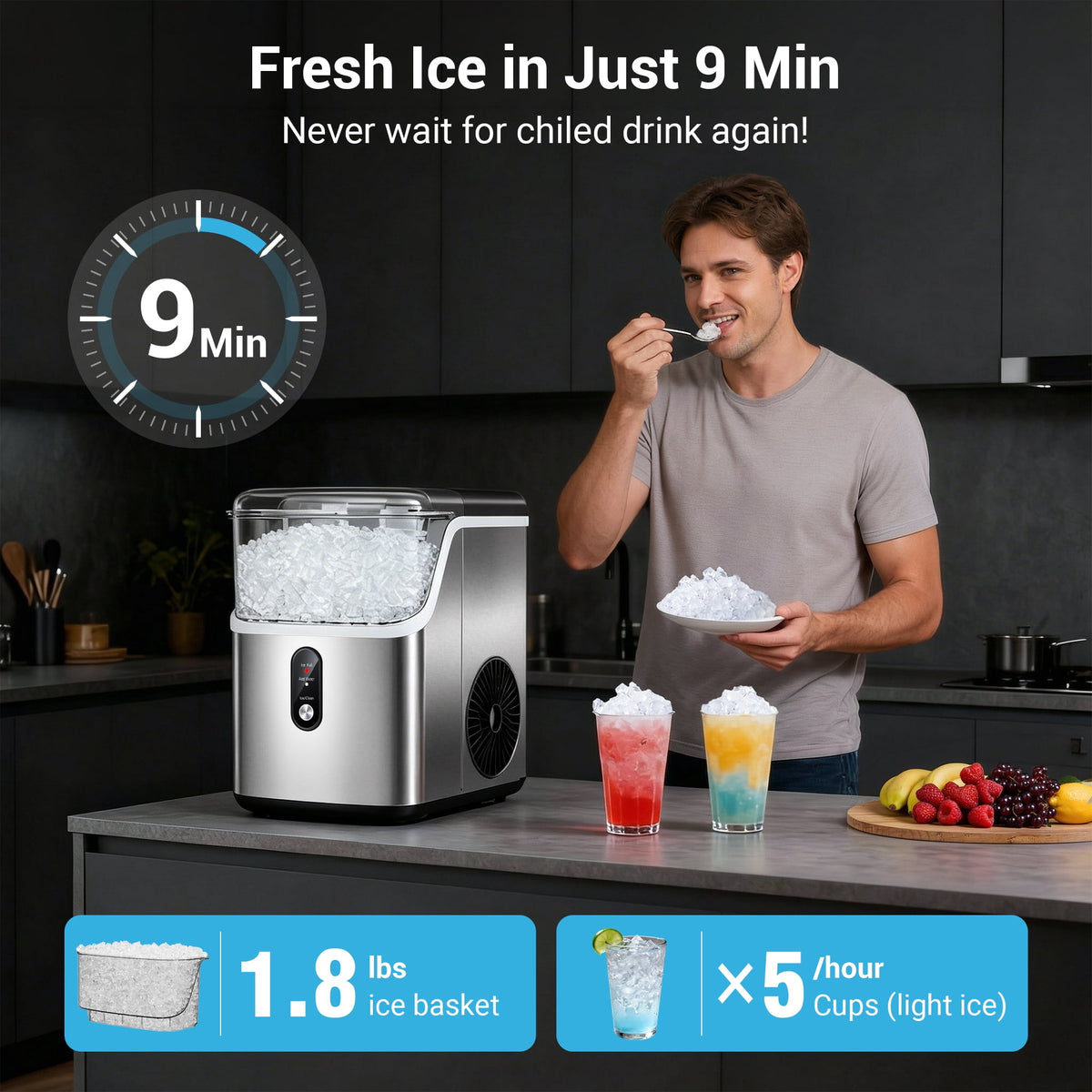 Snowyermine Nugget Ice Maker Countertop, 35 lbs per Day, Soft, Chewable Sonic-Style Pebble Ice, One-Touch Self-Cleaning, Stainless Steel, Black, for Home, Kitchen, Office, RV and Camping