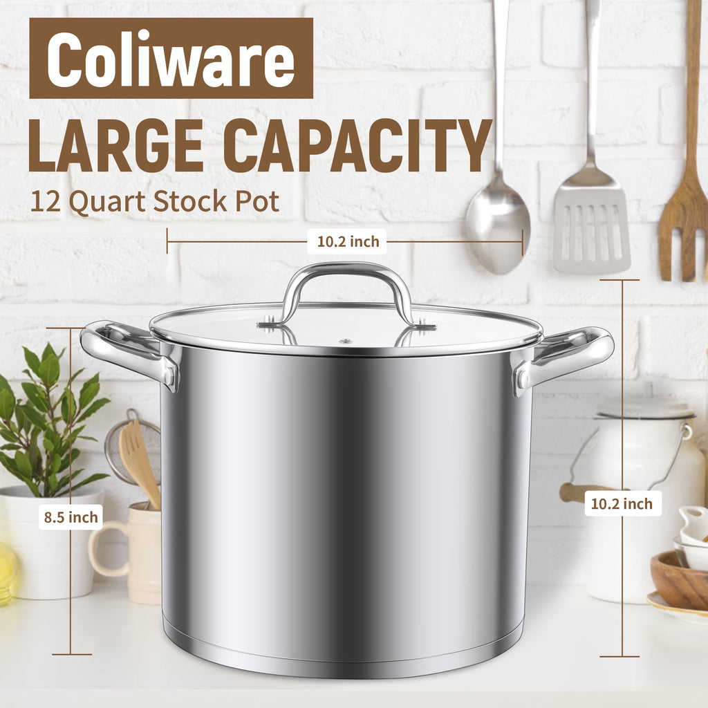 Coliware Large Stock Pot, 12 QT Trip-Ply Bottom Stainless Steel Cooking Pot with Tempered Glass Lid, Soup Pasta Cookware Compatible with Gas Induction Electric Stoves, Ollas de Cocina
