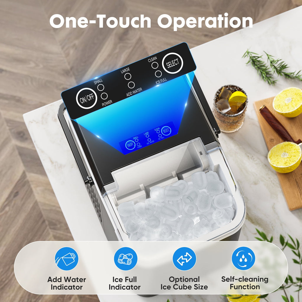 EDX Countertop Ice Maker, Self-Cleaning Portable Ice Maker Machine with Handle and Ice Scoop, Bullet Ice Cubes, 9Pcs/6Min 26.5Lbs/24H for Home/Kitchen/Bar/Party, Green