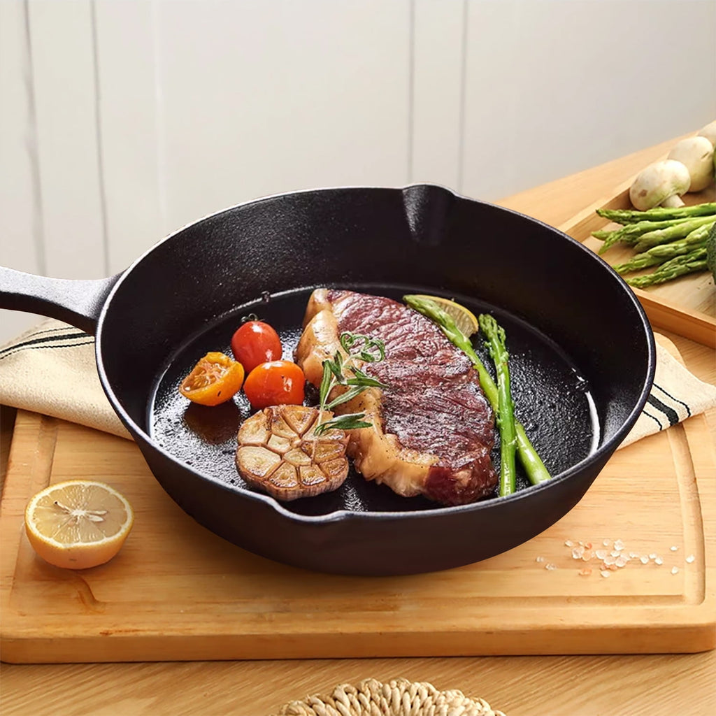 TINANA 10 inch Pre-Seasoned Cast Iron Skillet with Handle and Dual-Use Insulating Pad