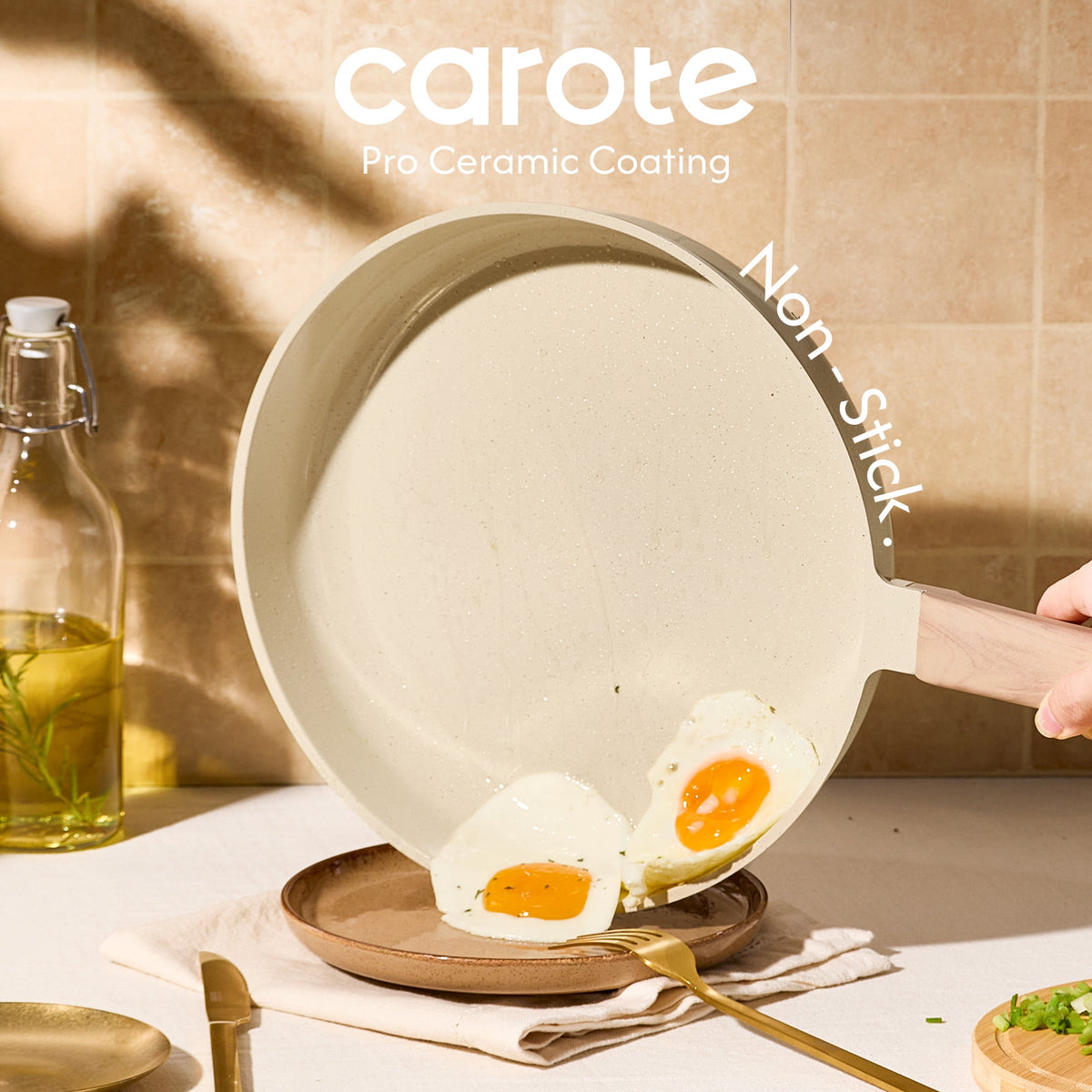 CAROTE 19-Piece Ceramic Pots and Pans Set, Nonstick Cookware Set with Lids, Induction Compatible, Oatmeal