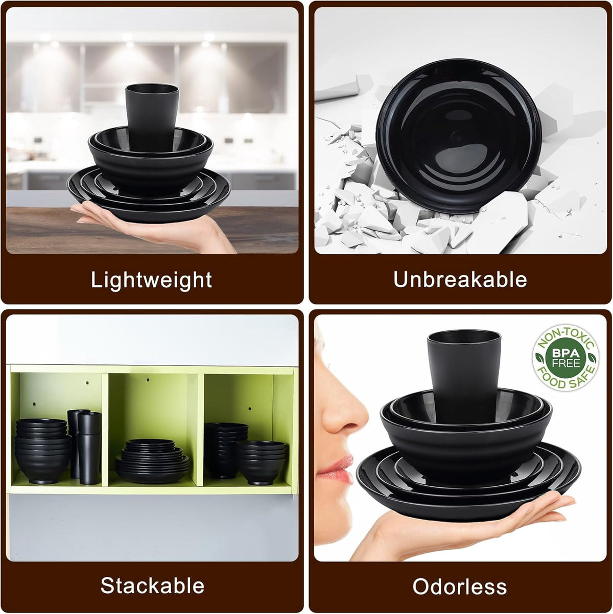Bestdin Black Dinnerware Set for 4, 16 Pieces Plastic BPA-Free Dinner Plates, Salad Plates, Cereal Bowls, Cups, Unbreakable Plates and Bowls Sets for Kitchen, Microwave and Dishwasher Safe
