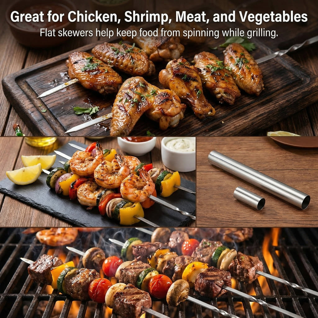 CNDRLEF 20PCS 13inch Stainless Steel BBQ Skewers, Reusable Grilling Skewer Sticks with Portable Tube Case for Outdoor Cooking & Barbecue Party