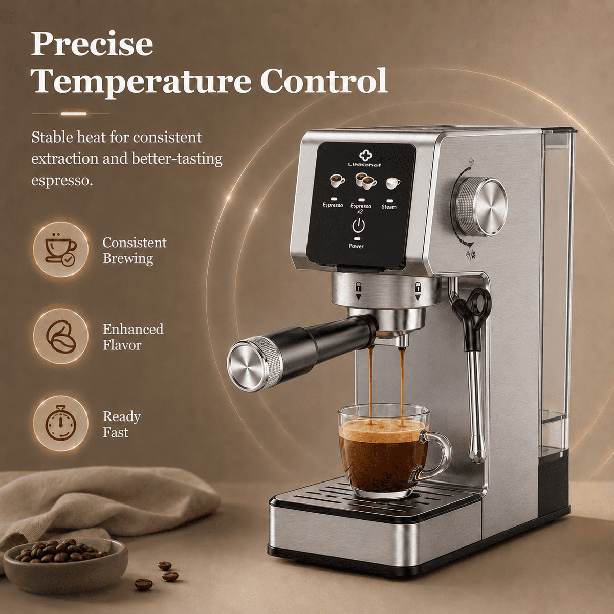 LINKChef 20-Bar Espresso Machine with Automatic Steam Wand, 1300W Professional Espresso Maker, 40 oz Removable Water Tank, Single & Double Shot
