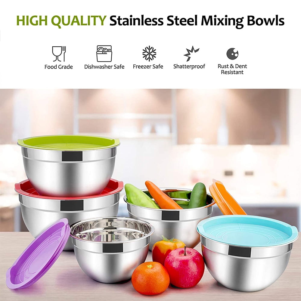 Mixing Bowls with Lids Set of 5, Vesteel Stainless Steel Mixing Bowls Metal Nesting Salad Bowls, Size 4.5, 3, 1.5, 1, 0.7 QT Great for Cooking, Baking, Serving - Multi-Color