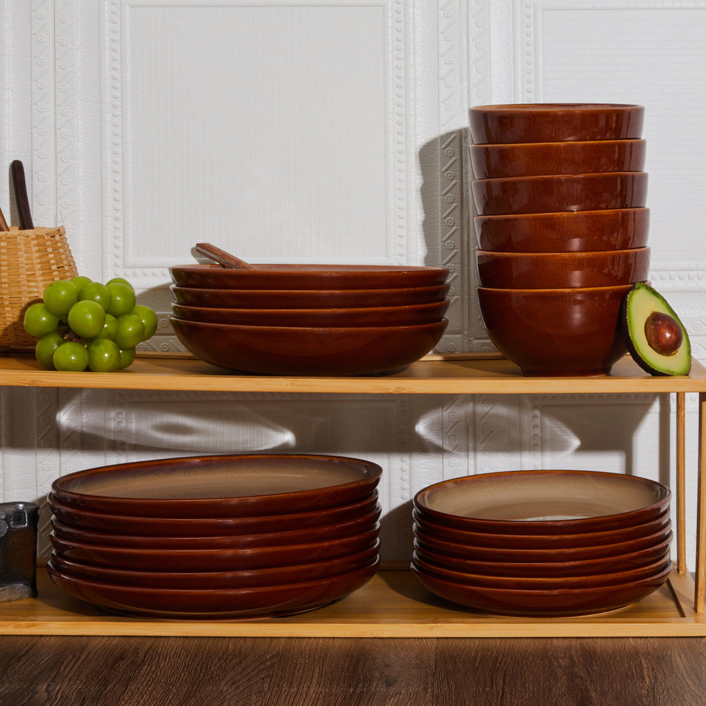 Pokini 12-Piece Stoneware Dinnerware Sets, Plates and Bowls Dish Sets for 4, Brown Green