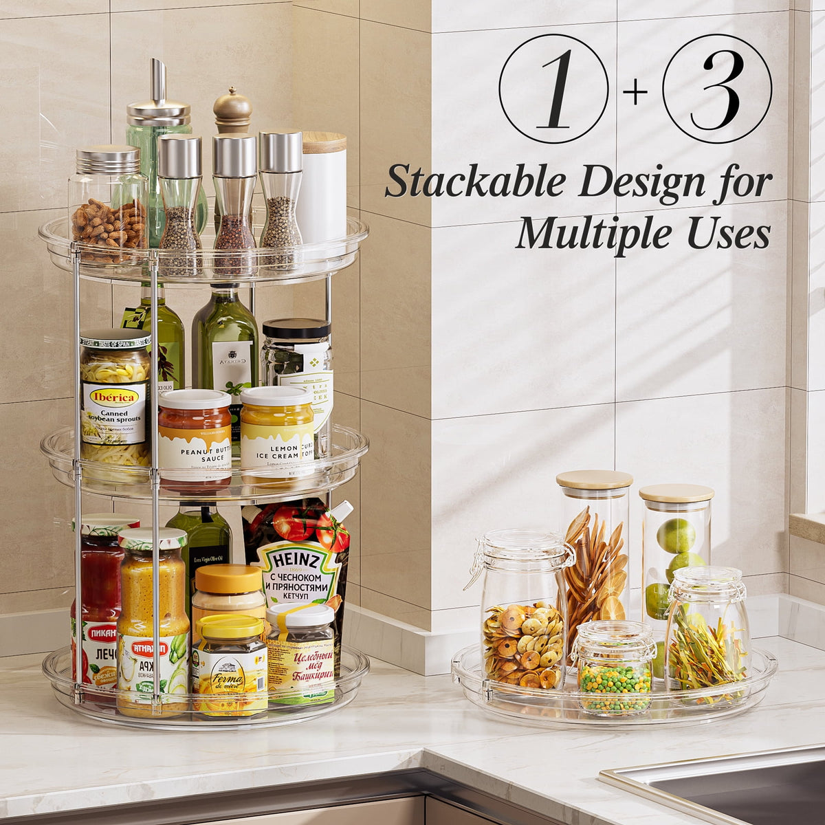 ROSSNY 2 Pack 9.25" 2-Tier Lazy Susan Turntable Organizer Countertop Kitchen Organization and Storage Spice Rack Bathroom Vanity Holder, Clear
