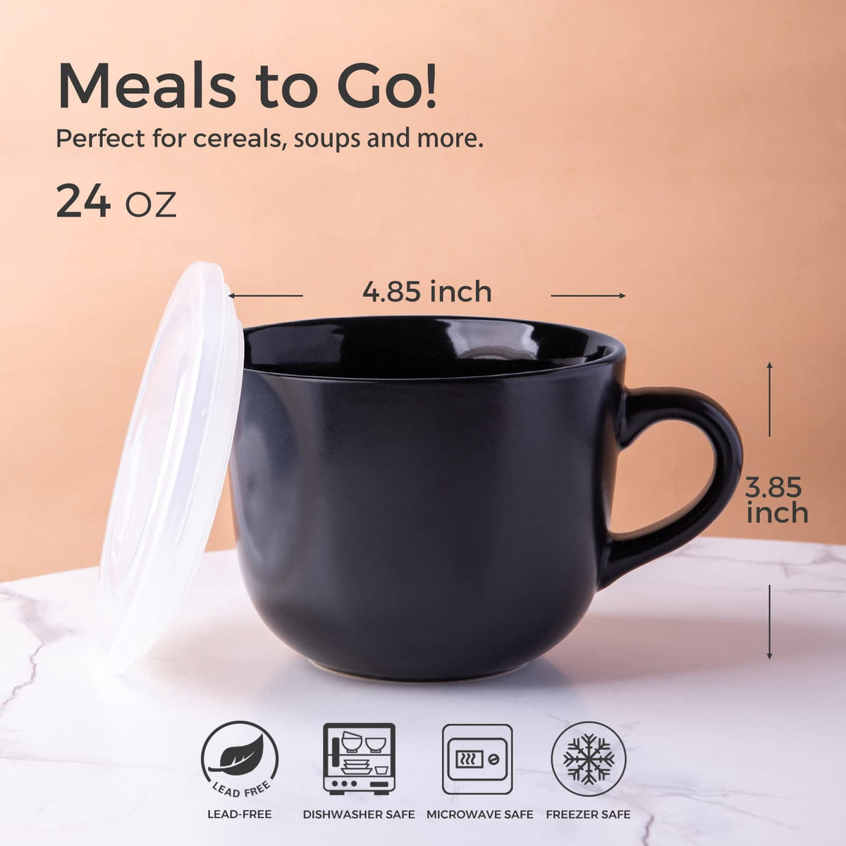 AmorArc Ceramic Soup Mugs with Lid, 24 oz Soup Cups with Hanlde for Coffee,Cereal,Salad,Noodles,Tea,Soup Bowls Cups,Microwave &Dishwasher Safe, Set of 4, Blue with Vented lid