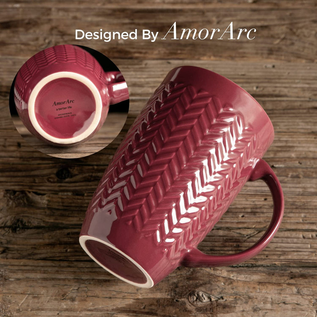 AmorArc Extra Large Coffee Mugs Set of 6, 20oz Ceramic Tall Coffee Mugs Set with Textured Geometric Patterns for Coffee/Tea/Beer/Hot Cocoa, Dishwasher & Microwave Safe,Beige