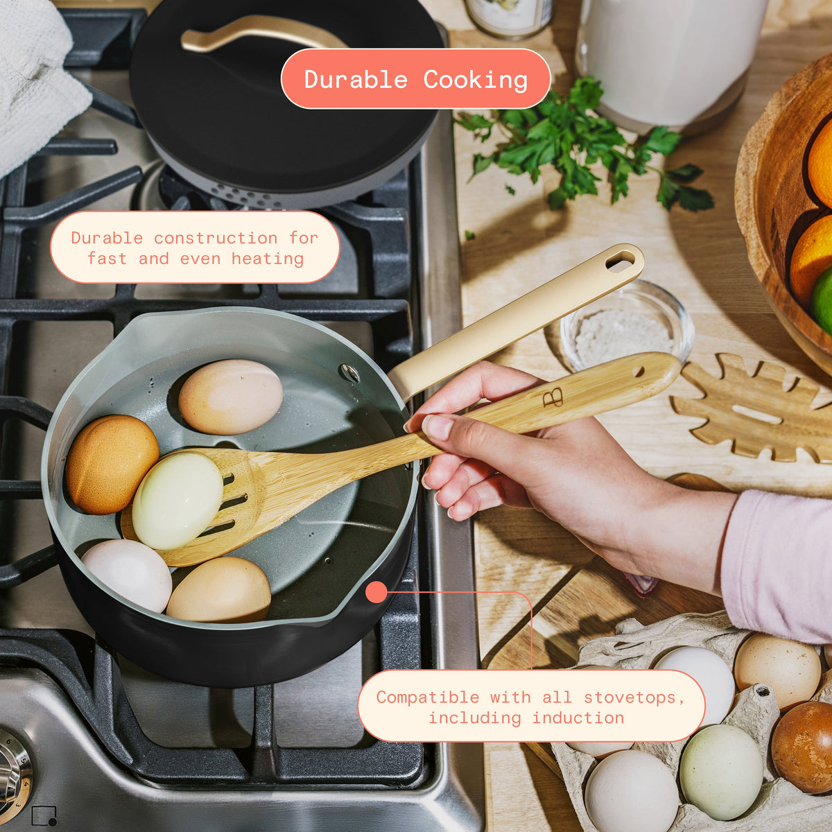 Beautiful 12-Piece Cookware Set, Pots and Pans with Strainer Lids and EverGood Ceramic Nonstick Coating, White Icing by Drew Barrymore