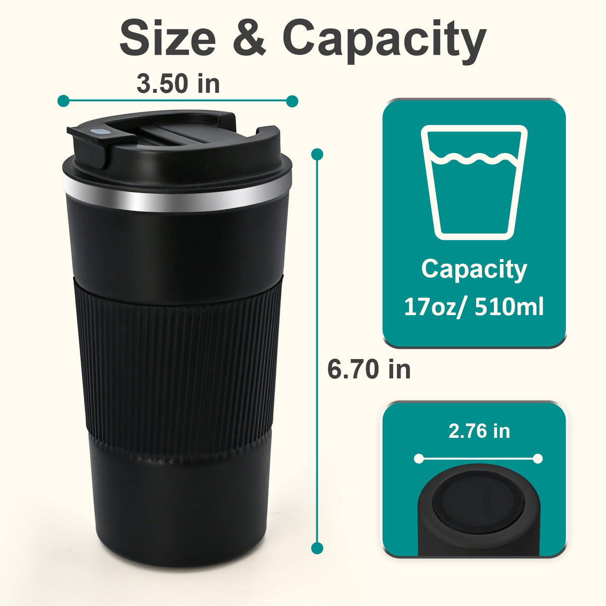 Vaparinckl Travel Coffee Mug, 17 oz Stainless Steel Vacuum Insulated Coffee Tumbler with Lid, Reusable Cup for Hot & Cold Drinks, Black