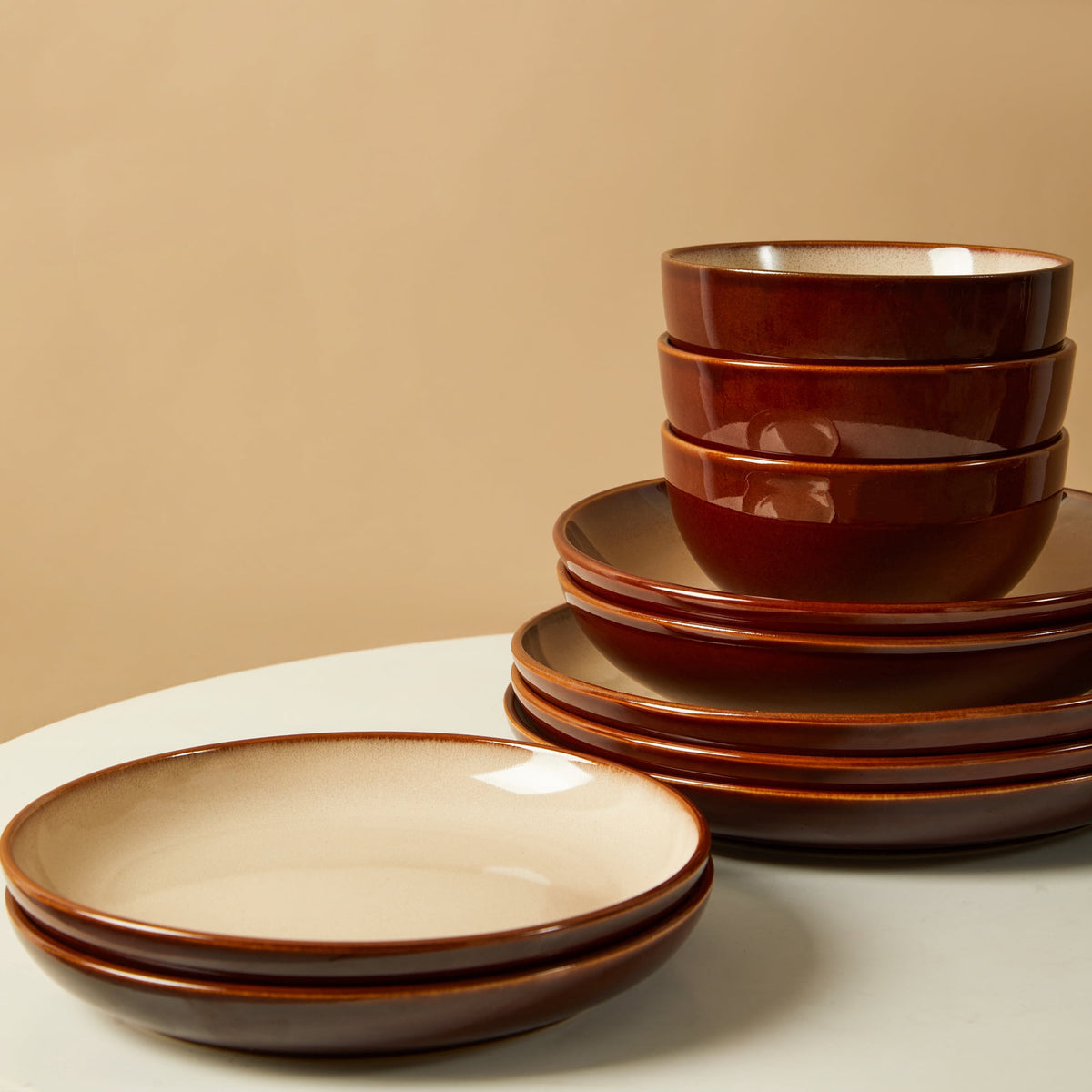 Pokini 12-Piece Stoneware Dinnerware Sets, Plates and Bowls Dish Sets for 4, Brown Green