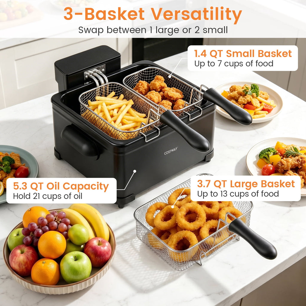 Costway Electric Deep Fryer 5.3 QT/21-Cup Stainless Steel 1700W with Triple Basket Silver