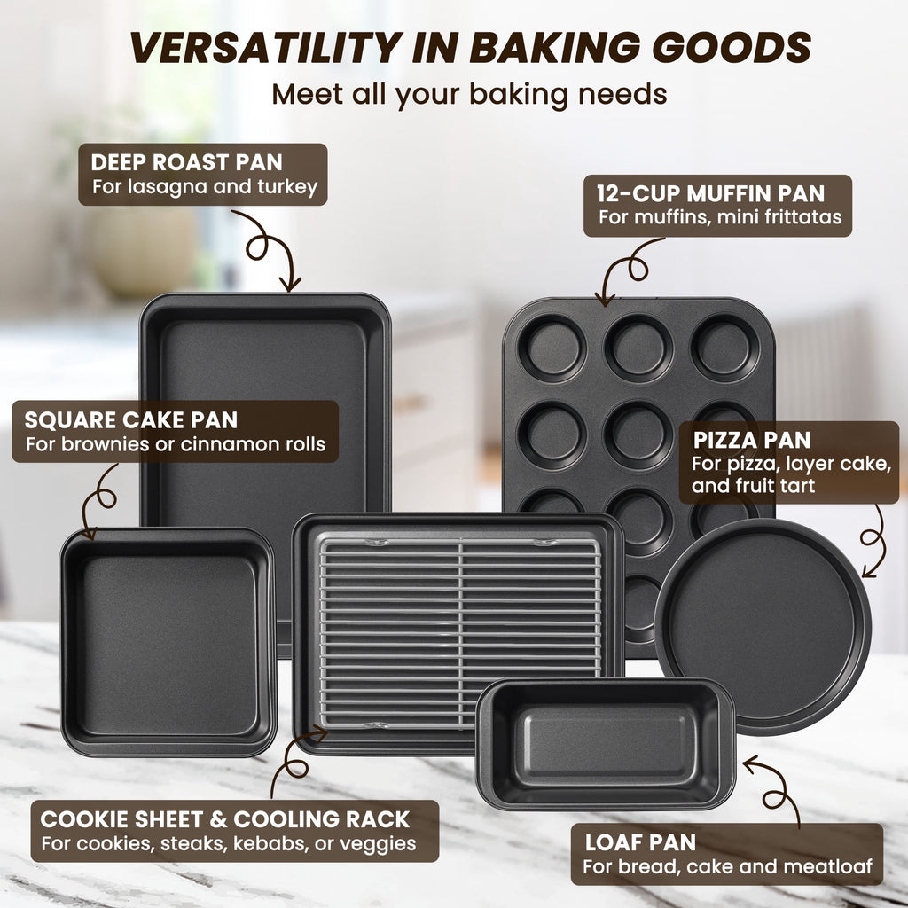 Kikcoin Bakeware Set, 22 Pcs Carbon Steel Non-Stick Baking Pan Set, Baking Sheet for Kitchen, Muffin Pan & Cookie Sheet & Cake Pan, Oven Safe up to 446℉
