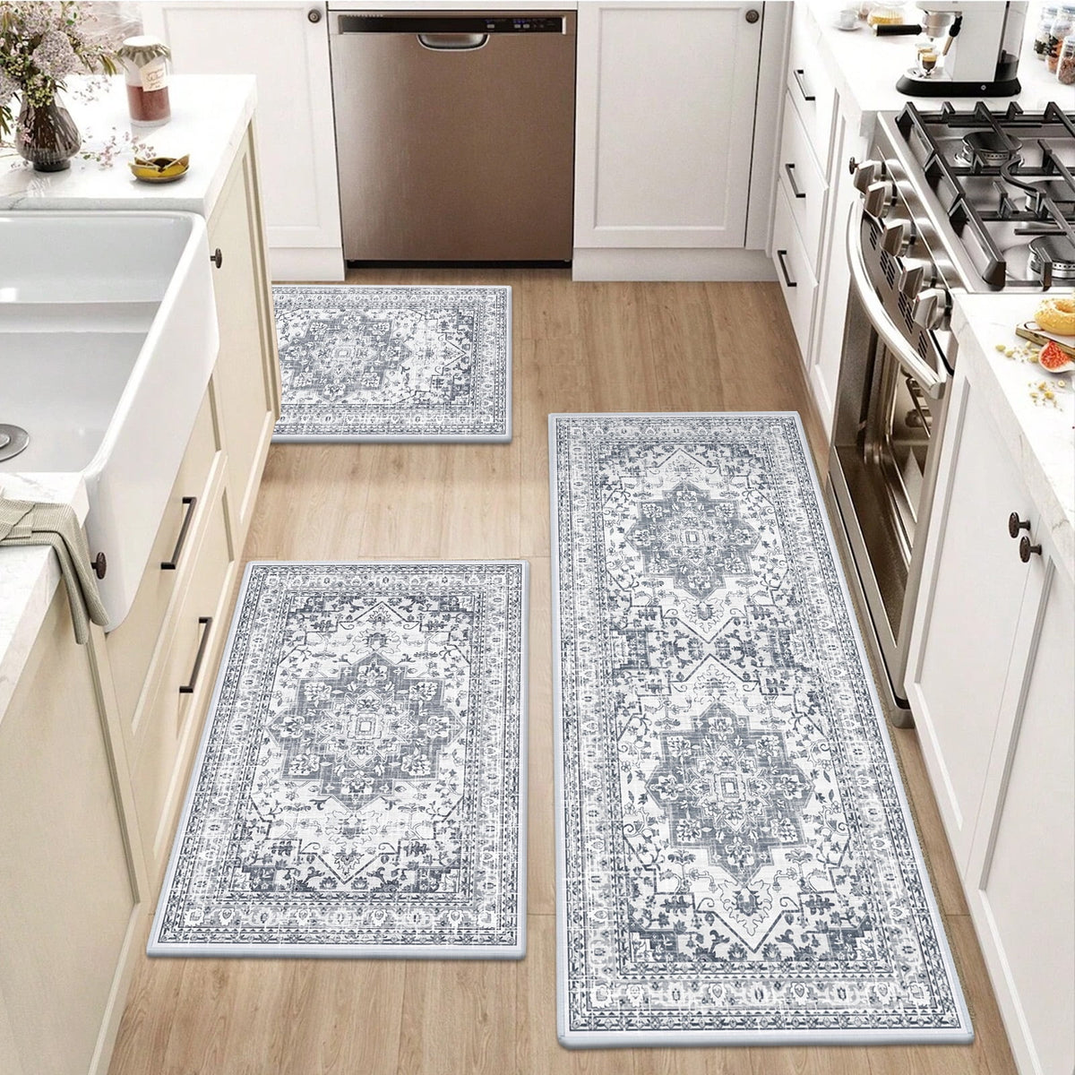 Findosom 3pcs Kitchen Rugs Set,Washable Boho Farmhouse Kitchen Mats for Floor,Non Slip Kitchen Floor Mat Carpet Runner Rugs for Entryway Hallway Laundry Home Decor 20"x32"+20"x32"+20"x47" Gray