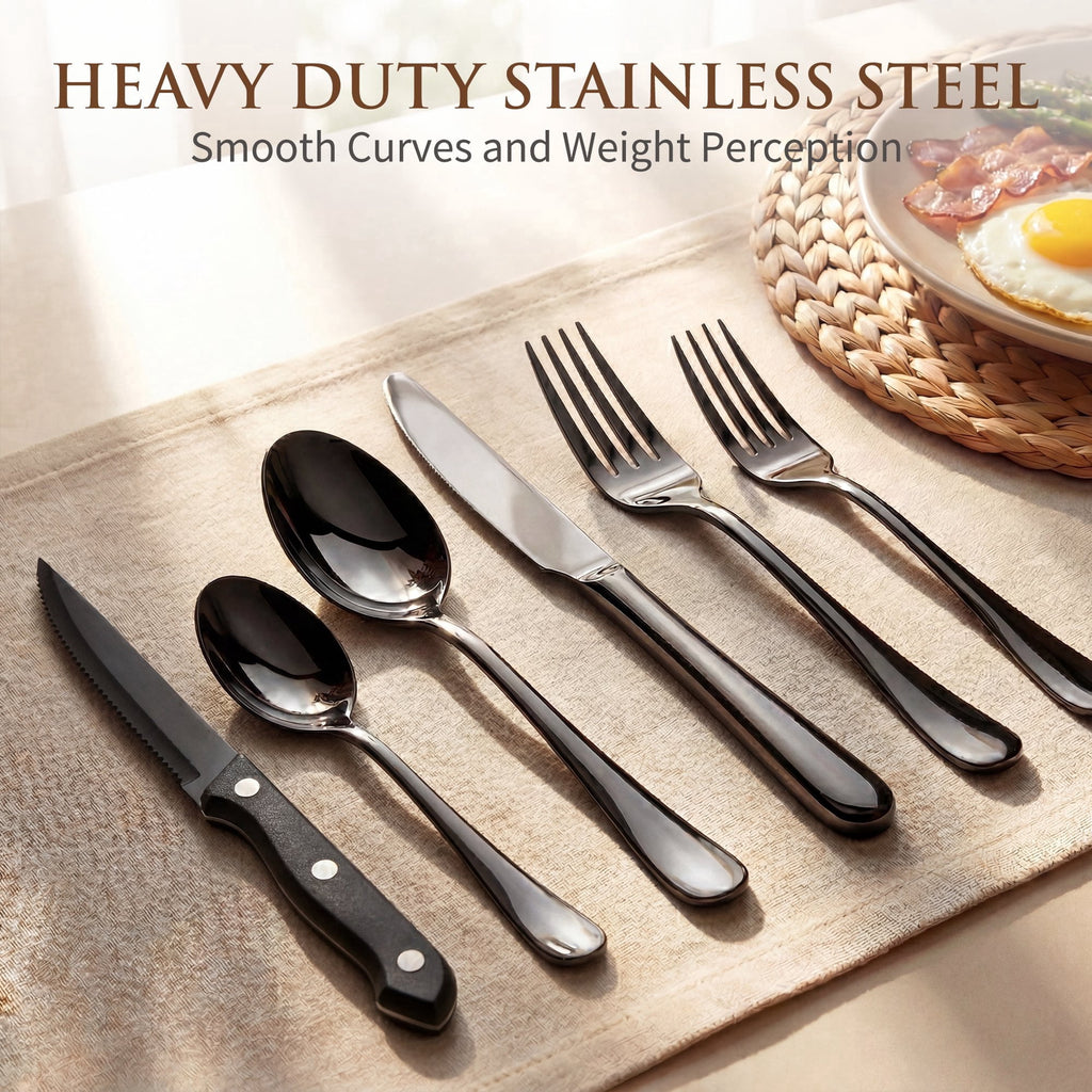 Kikcoin 42 Pcs Silverware Set for 8, Stainless Steel Flatware Set, Mirror-Polished Spoons, Forks and Knife Set, Cutlery Utensils Set for Kitchen, Wedding and Restaurant, Black
