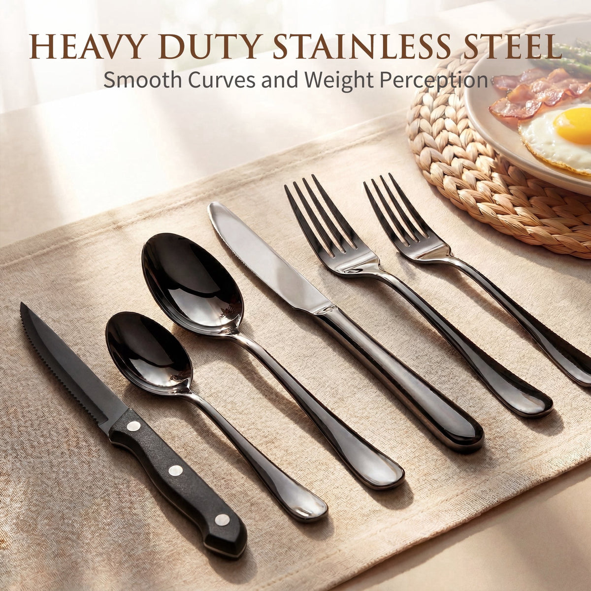 Kikcoin 42 Pcs Silverware Set for 8, Stainless Steel Flatware Set, Mirror-Polished Spoons, Forks and Knife Set, Cutlery Utensils Set for Kitchen, Wedding and Restaurant, Black