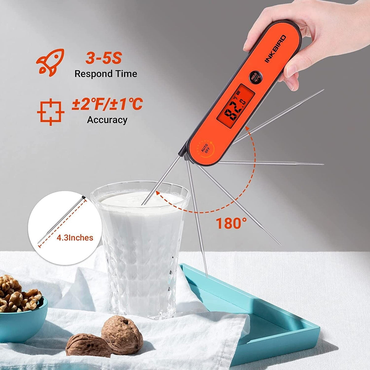 INKBIRD Meat Thermometer with Stainless Steel Probe and LCD Display, Foldable Probe Instant Read Waterproof Digital Food Thermometer , -58°F to 572°F