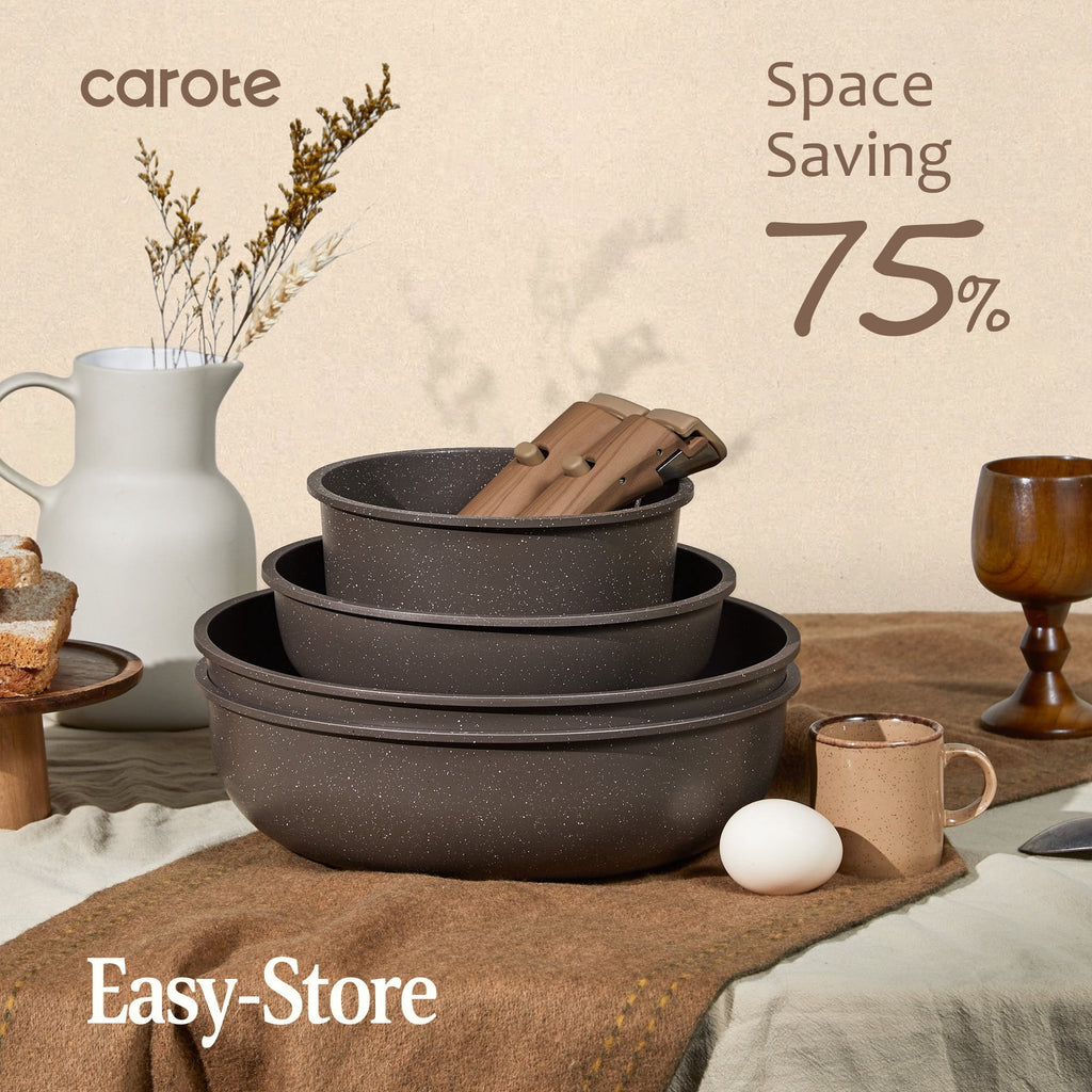 CAROTE 23-Piece Nonstick Pots and Pans, Granite Cookware Set with Detachable Handle, Induction Compatible, Oven & Dishwasher Safe, Brown