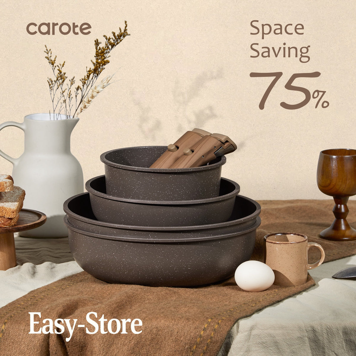 CAROTE 23-Piece Nonstick Pots and Pans, Granite Cookware Set with Detachable Handle, Induction Compatible, Oven & Dishwasher Safe, Brown
