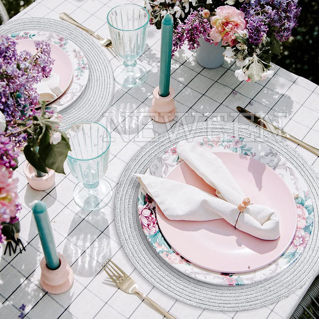 NEWEEN 15" Round Placemats Set of 6 Braided Fabric Heat Resistant Washable Table Mat for Kitchen for Kitchen Party Decor