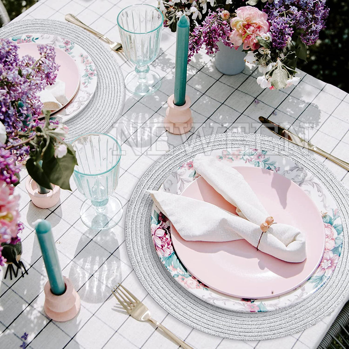NEWEEN 15" Round Placemats Set of 6 Braided Fabric Heat Resistant Washable Table Mat for Kitchen for Kitchen Party Decor