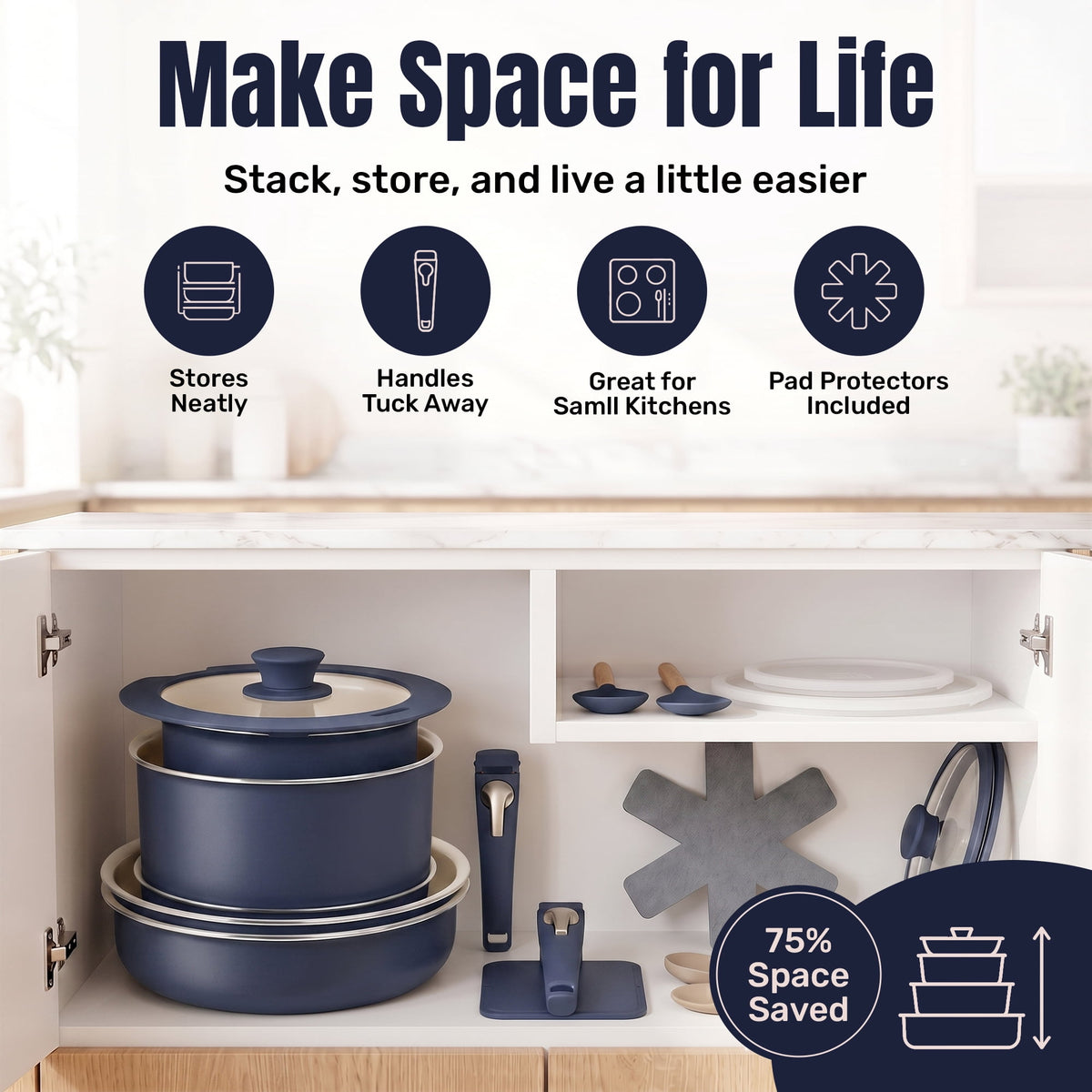 Gotham Steel 18 Pcs Pots and Pans set Non Stick, Ceramic Pan Cookware Set W/ Detachable Handle, RV Kitchen Cooking Set with Secure Lock Removable Handles, Oven Safe Nonstick Pan Set, Blue