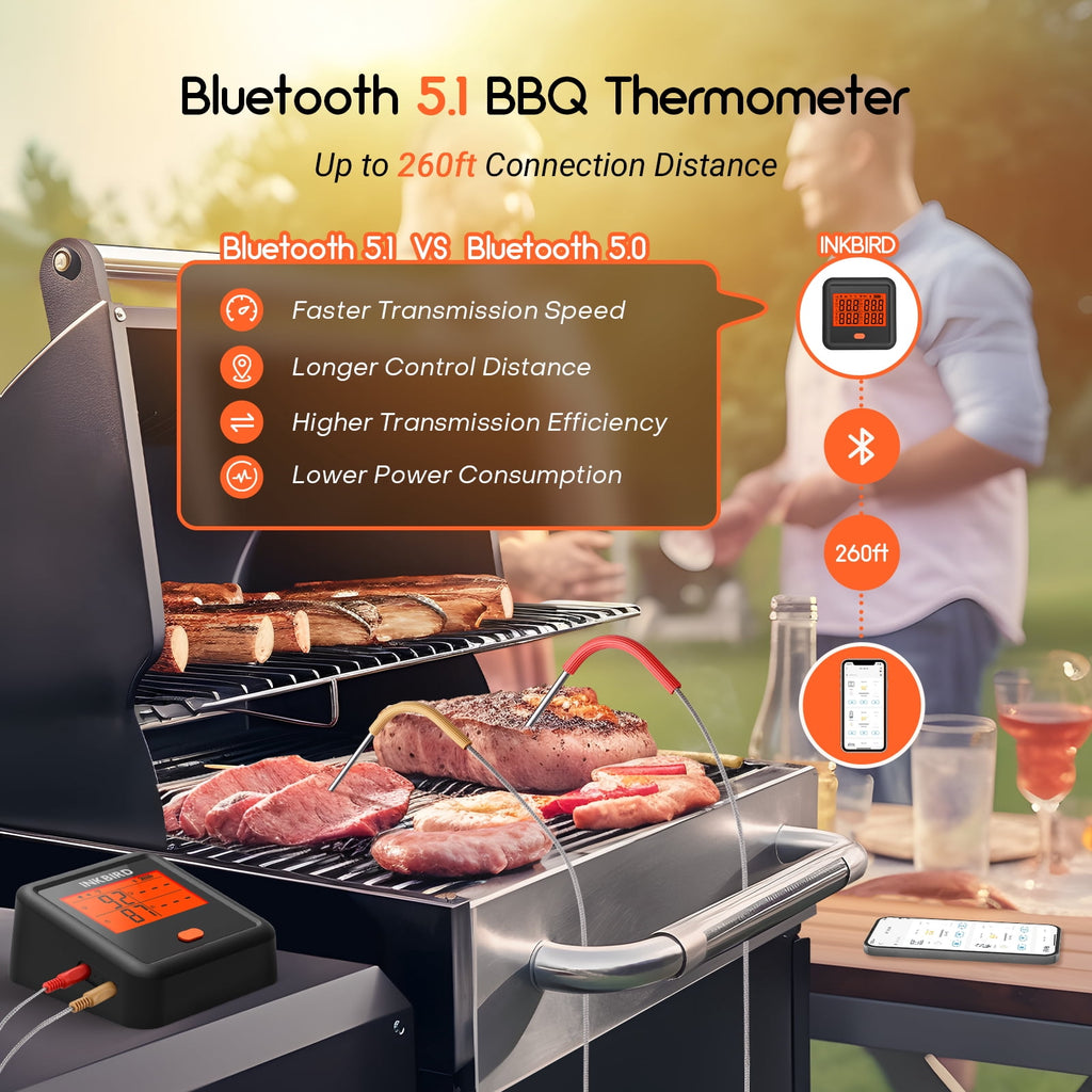 INKBIRD Bluetooth Meat Thermometer for Grilling and Smoking, Grill Thermometer with 4 Meat Probes, Stepless Dimming Backlit LCD, Free App Control, Temperature Pre-Alarm,Temperature Alarms