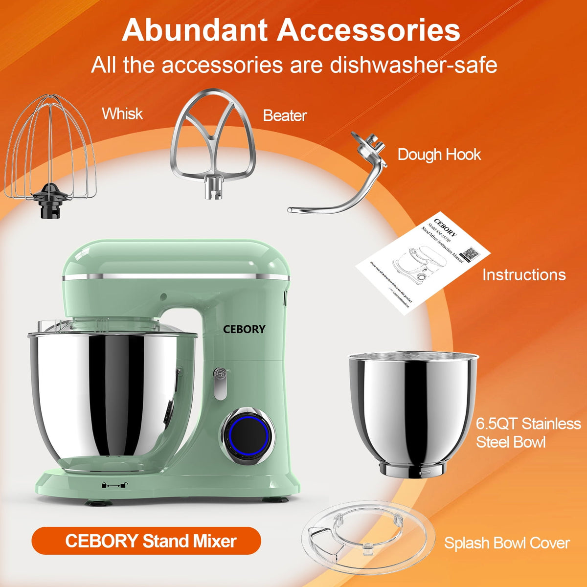 CEBORY 3-IN-1 Stand Mixer, 6.5 QT Tilt-Head 10-Speed Food Mixer, Kitchen Electric Mixer with Dough Hook, Beater, Whisk, Bowl for Most Home Cooks