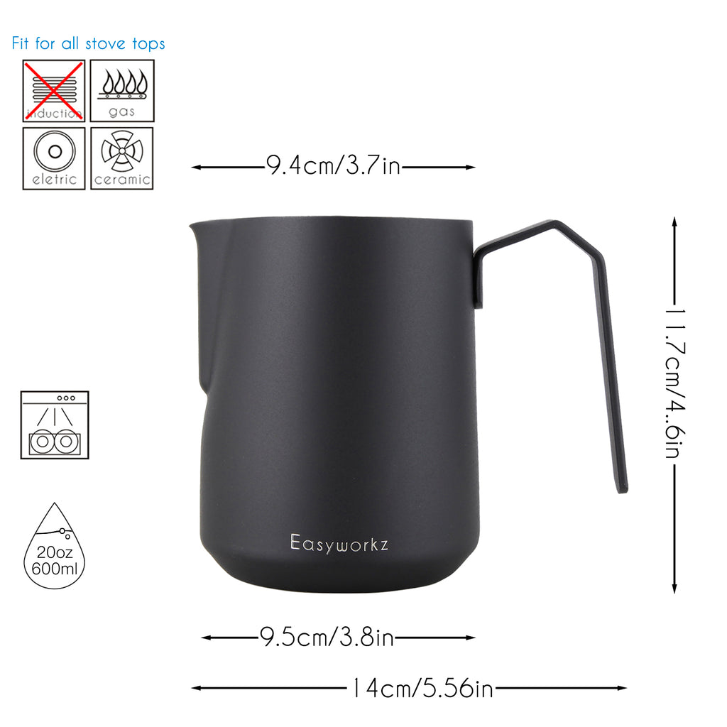Easyworkz Espresso Milk Frothing Pitcher Heavy-Gauge Stainless Steel 20 oz Cappuccino Latte Art Cup, Brushed Silver