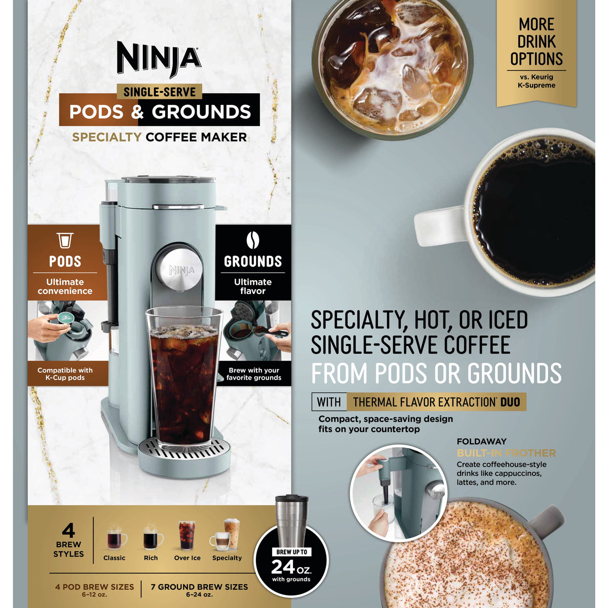 Ninja Pods & Grounds Specialty Single-Serve Coffee Maker, K-Cup Pod Compatible, Built-In Milk Frother, PB051SG, Sage Green
