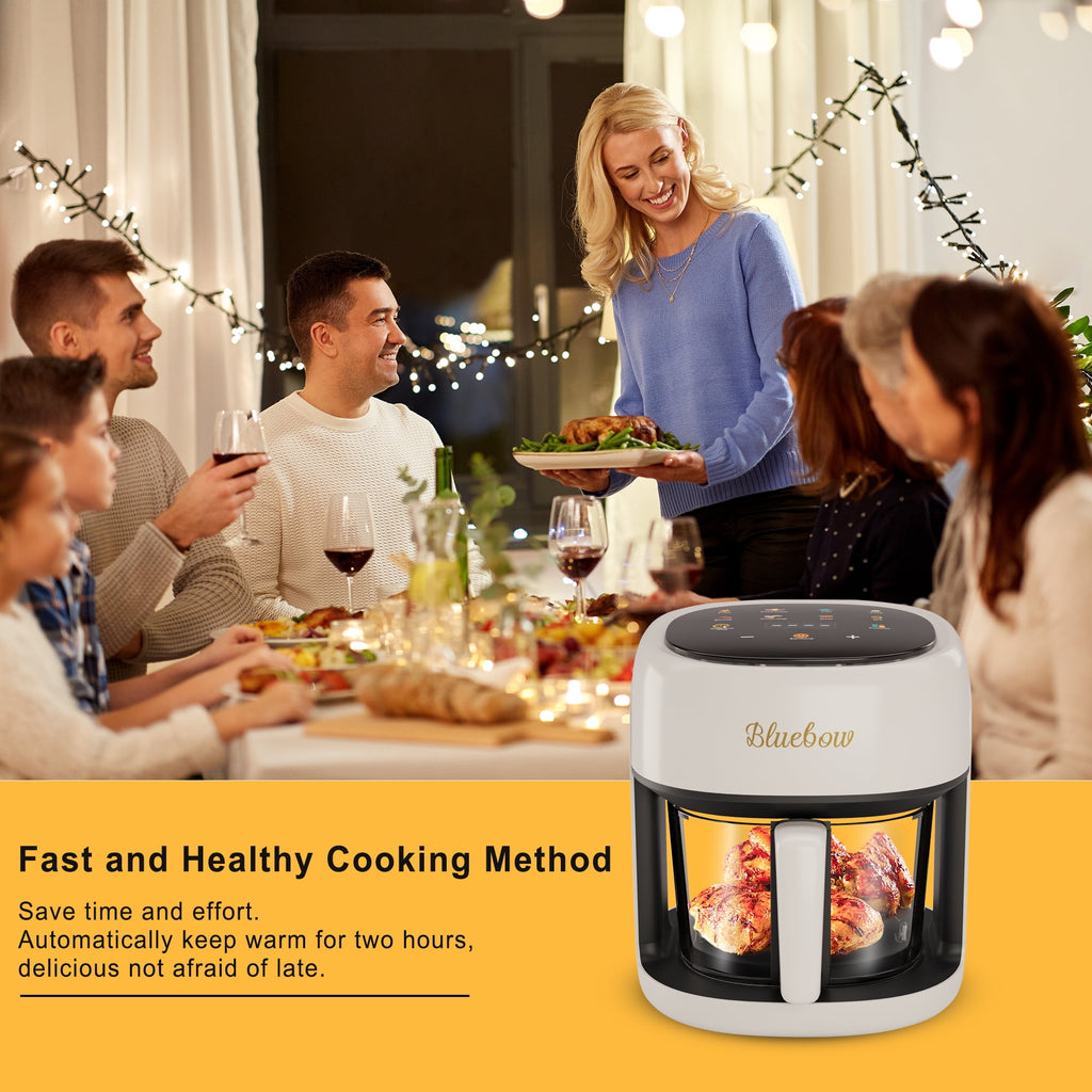 Bluebow 5 Quart Air Fryer with 360° Viewing Glass Pot, 8-in-1 Digital Touchscreen, Nonstick & Dishwasher Safe Basket, Less Oil, 1350W (White)