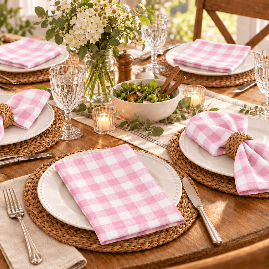 GFI LINEN CLUBS 100% Cotton Gingham Cloth Dinner Napkins, 18 x 18 in, Set of 12, Baby Pink & White