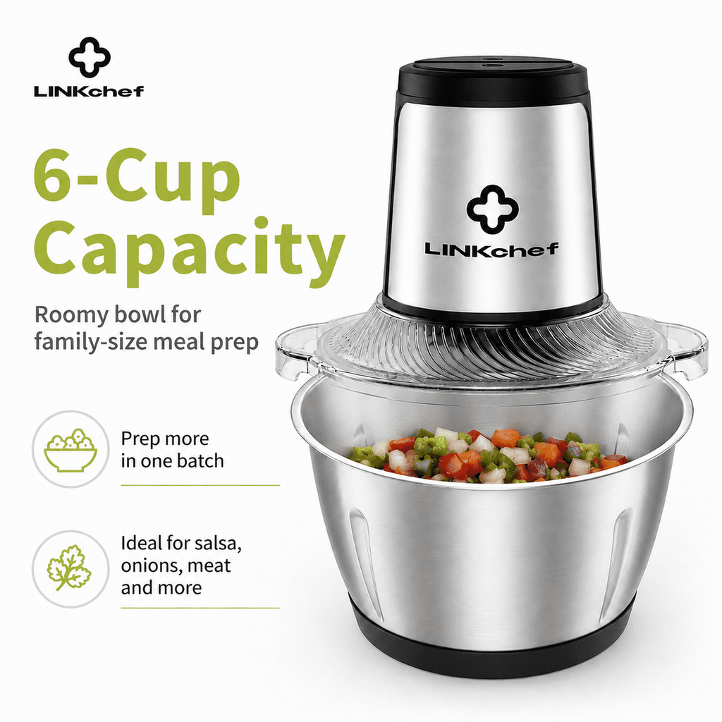 LINKChef 6-Cup Food Processor, Electric Food Chopper & Meat Grinder for Vegetables, Meat & Fruit，Dishwasher Safe